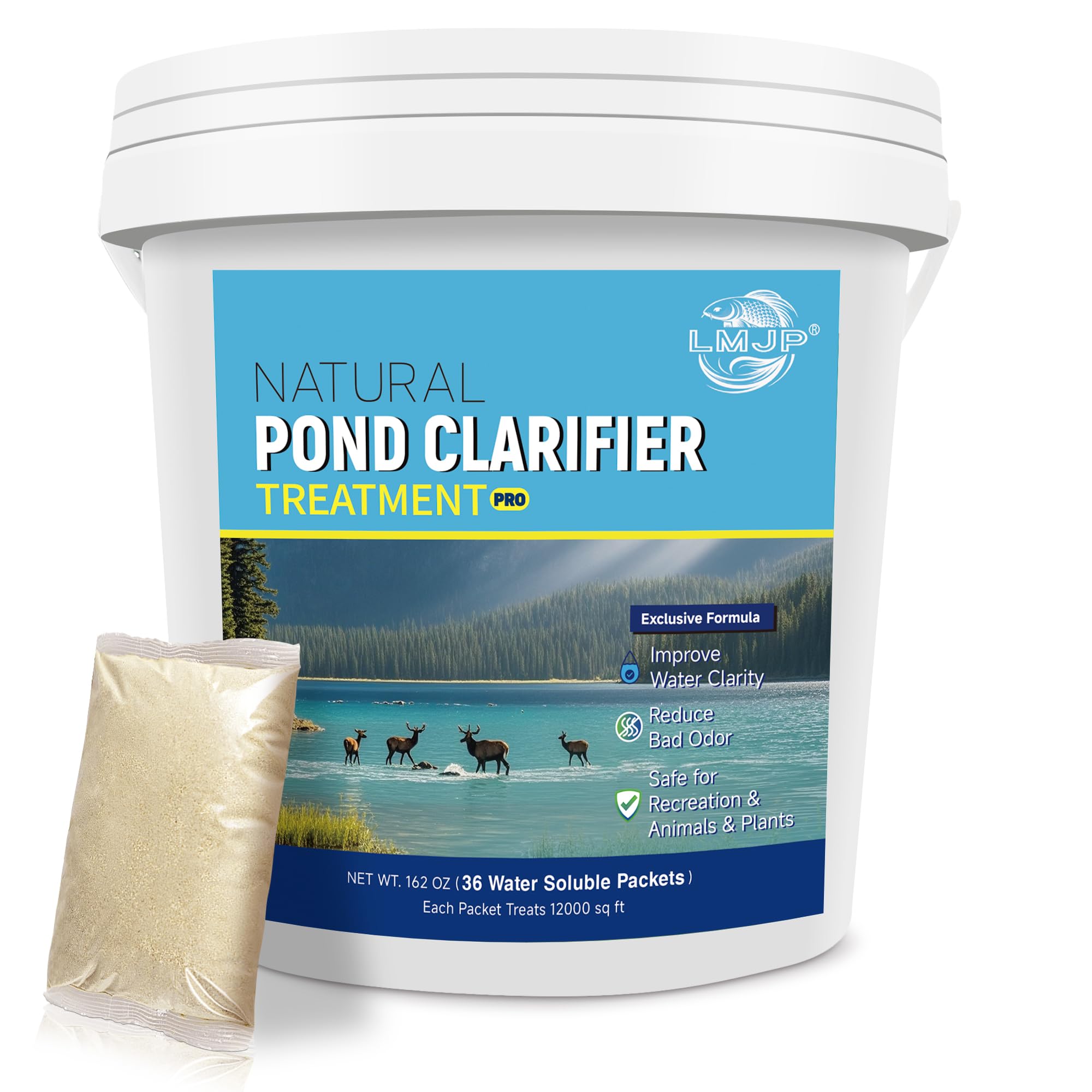 LMJP Pond Clarifier Treatment – 12 Packets Natural Pond Water Clear for Outdoor Lakes – Beneficial Enzymes to Improve Water Clarity & Eliminate Odor – Treats Up to 144000 Sq Ft
