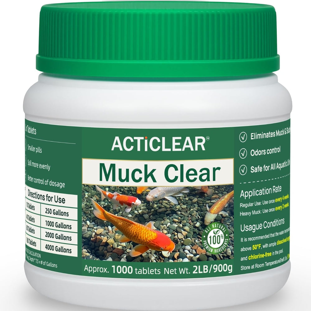 Muck Clear – Natural Pond Sludge Treatment, 500 Tablets for Ponds, Fountains & Bird Baths, Beneficial Bacteria & Enzymes, Chemical-Free & Safe for Fish, Pets & Wildlife