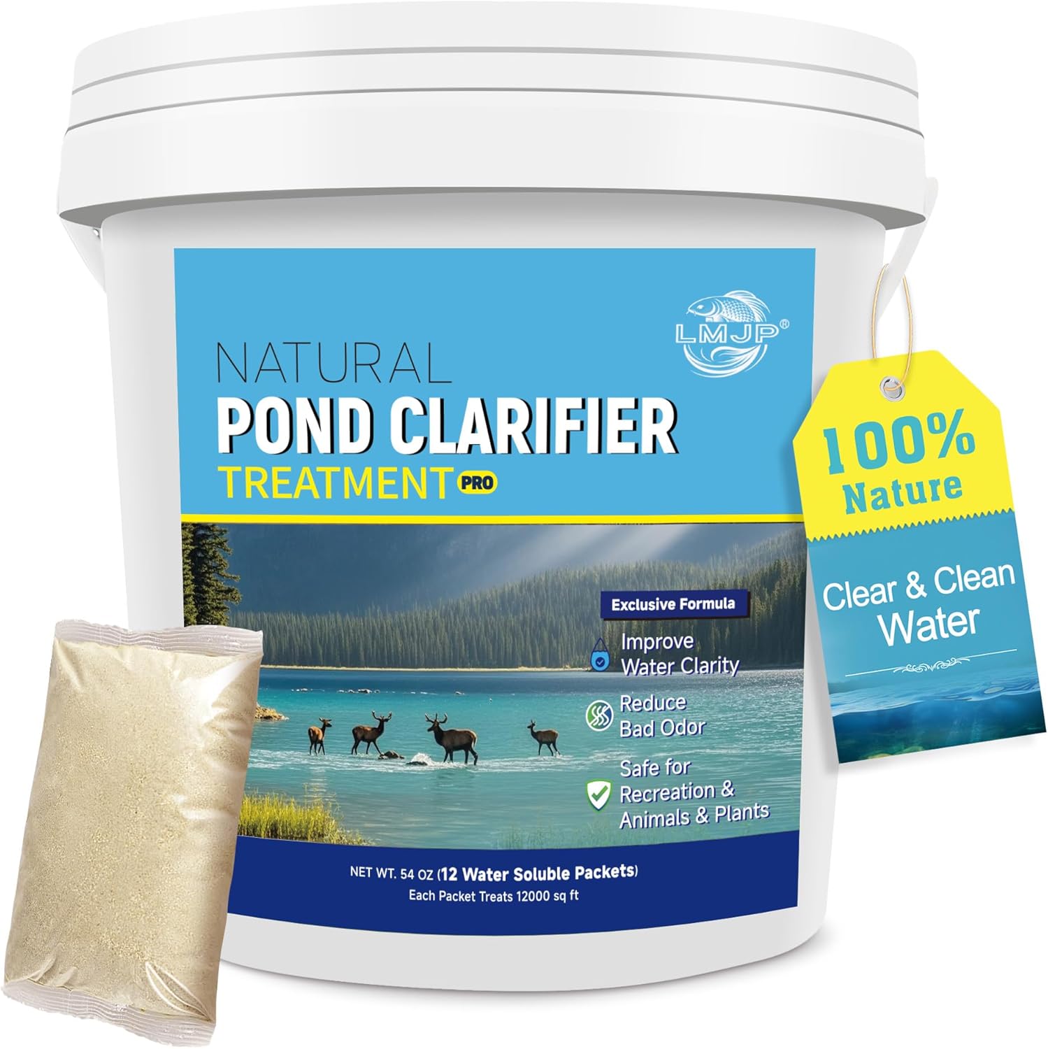 LMJP Pond Clarifier Treatment – 12 Packets Natural Pond Water Clear for Outdoor Lakes – Beneficial Enzymes to Improve Water Clarity & Eliminate Odor – Treats Up to 144000 Sq Ft