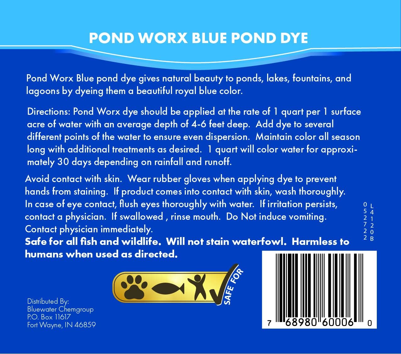 Pond Worx Blue Lake and Pond Dye - 4X Concentrated Liquid Pond Colorant - Treats up to 1 Acre - 1 Quart
