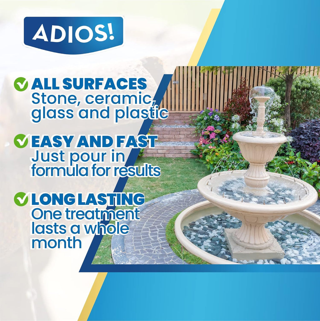 Adios! Fountain Cleaner and Clarifier for Outdoor and Indoor Fountains – Safe for Plastic, Metal, Glass and Stone (16oz)