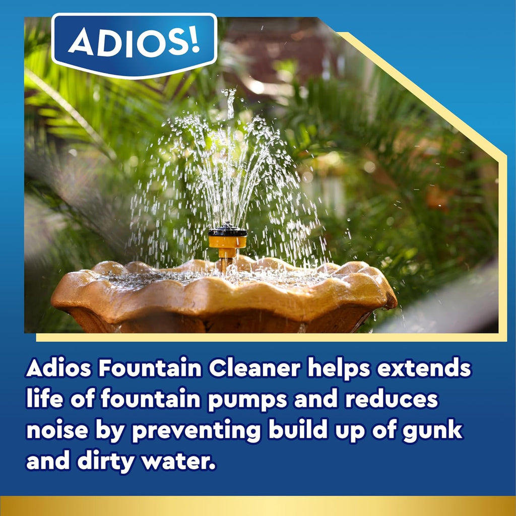 Adios! Fountain Cleaner and Clarifier for Outdoor and Indoor Fountains – Safe for Plastic, Metal, Glass and Stone (16oz)