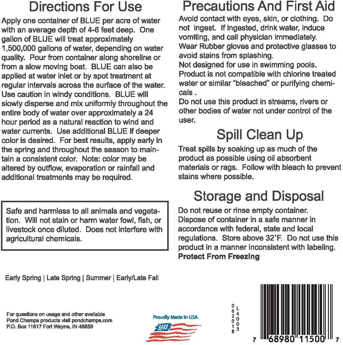 Blue Lake and Pond Dye - One Gallon of Professional Lake & Pond Dye - Treats Up to 1 Acre - Royal Blue Color - Safe for Fish, Wildlife, Pets & Children
