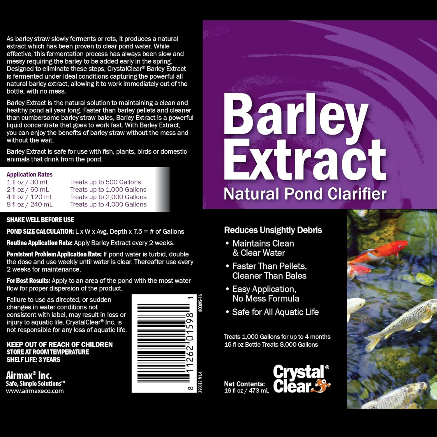 CrystalClear Barley Extract Pond Treatment – Natural Water Clarifier for Fountains, Water Gardens & Koi Ponds, Clears Cloudiness, Fish & Plant Safe, 16 Ounces