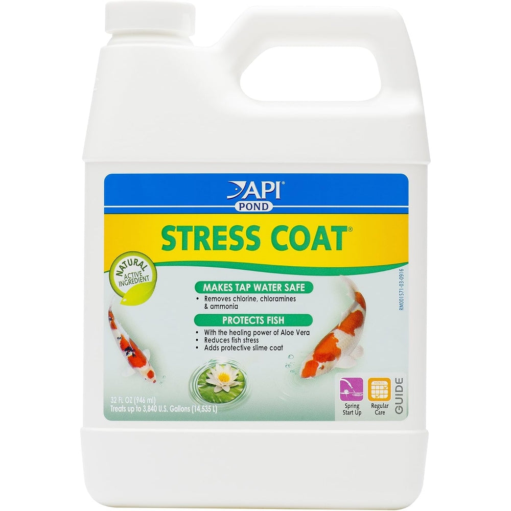 API POND STRESS COAT (32 fl oz) Pond Water Conditioner - Quickly Makes Tap Water Safe for Fish & Plants - Up to 3840 Gallons - Removes Chlorine, Ammonia & More - Aloe Vera - Natural Active Ingredient