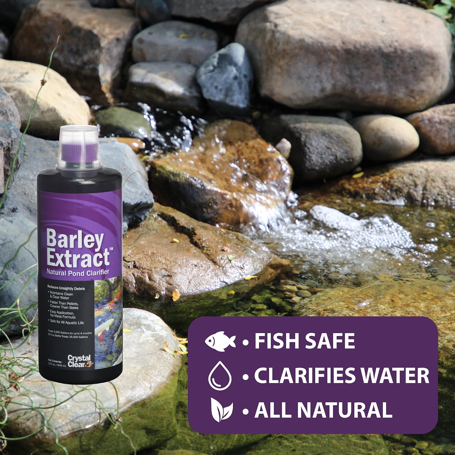 CrystalClear Barley Extract Pond Treatment – Natural Water Clarifier for Fountains, Water Gardens & Koi Ponds, Clears Cloudiness, Fish & Plant Safe, 16 Ounces