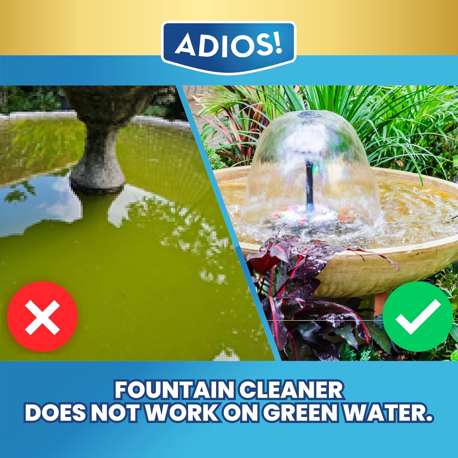 Adios! Fountain Cleaner and Clarifier for Outdoor and Indoor Fountains – Safe for Plastic, Metal, Glass and Stone (16oz)