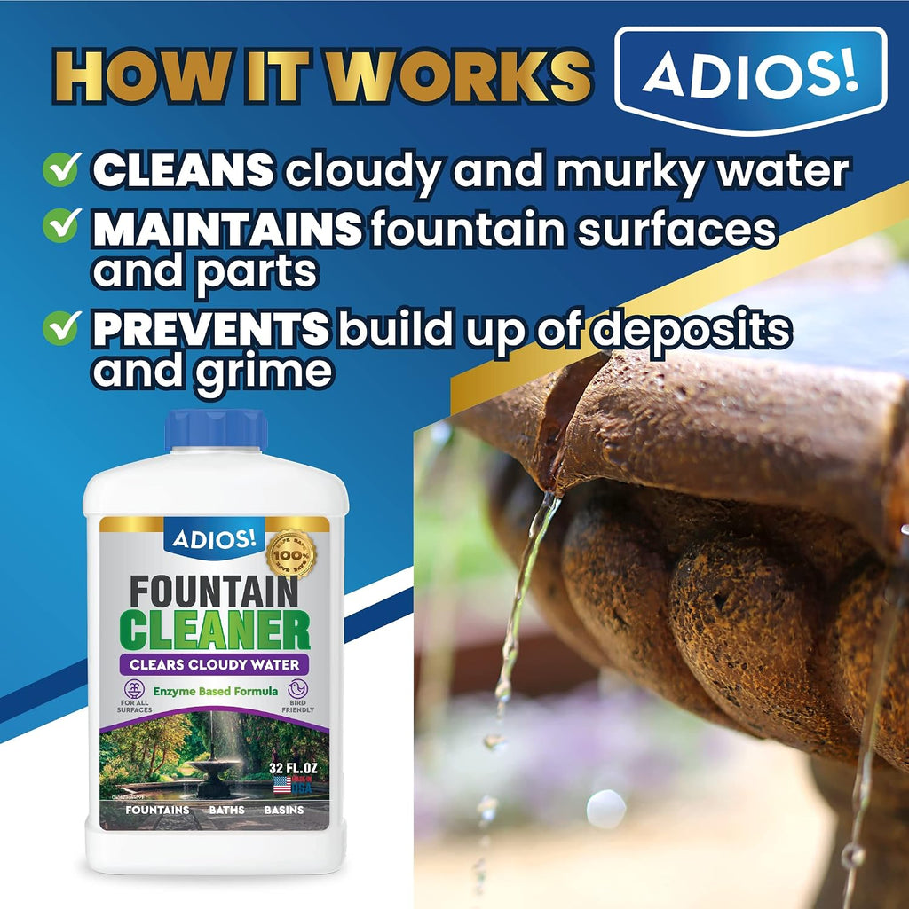 Adios! Fountain Cleaner and Clarifier for Outdoor and Indoor Fountains – Safe for Plastic, Metal, Glass and Stone (16oz)