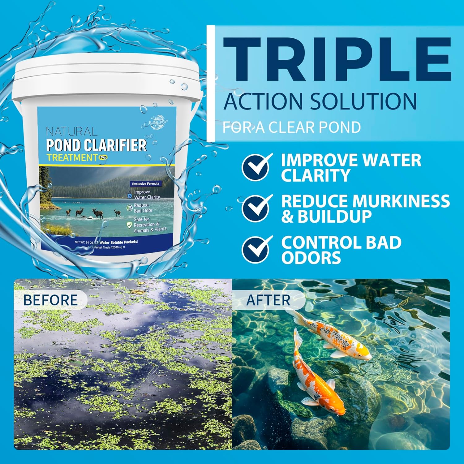 LMJP Pond Clarifier Treatment – 12 Packets Natural Pond Water Clear for Outdoor Lakes – Beneficial Enzymes to Improve Water Clarity & Eliminate Odor – Treats Up to 144000 Sq Ft