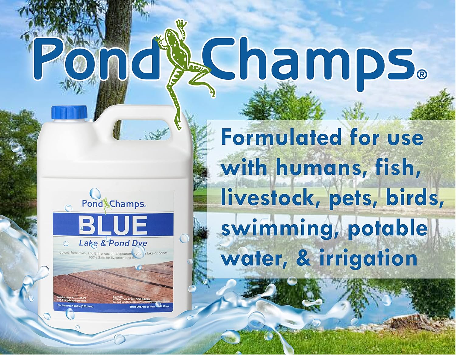 Blue Lake and Pond Dye - One Gallon of Professional Lake & Pond Dye - Treats Up to 1 Acre - Royal Blue Color - Safe for Fish, Wildlife, Pets & Children