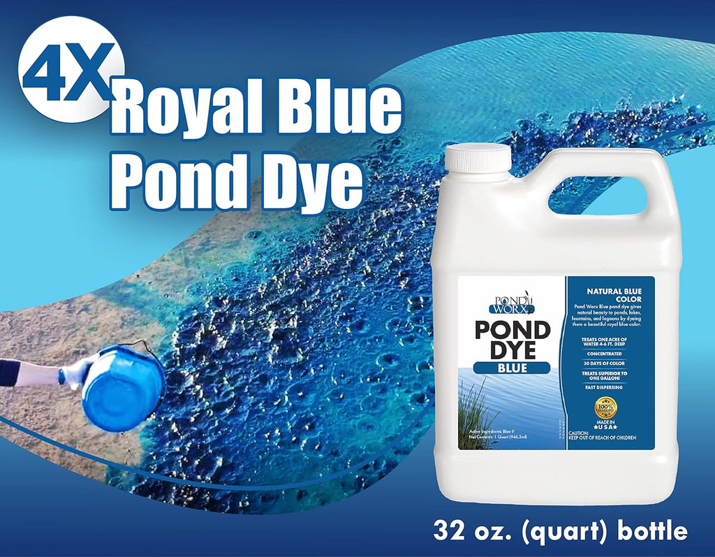 Pond Worx Blue Lake and Pond Dye - 4X Concentrated Liquid Pond Colorant - Treats up to 1 Acre - 1 Quart